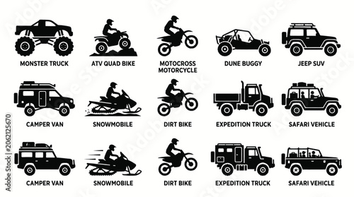 Fotografie Collection of diverse off-road and recreational vehicles, including ATVs, motorcycles, and trucks