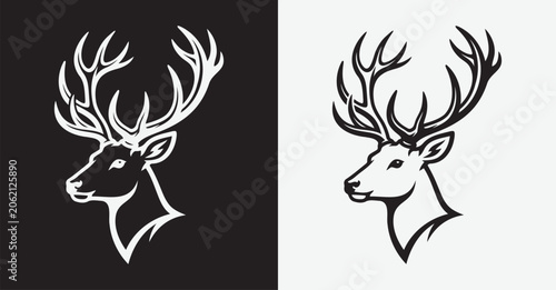 Deer head silhouette in black and white majestic antlers detailed graphic silhouette