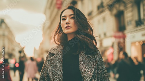Paris France Europe lifestyle. A portrait of a woman captured in a candid moment on a city street during the golden hour. She stands in the foreground.