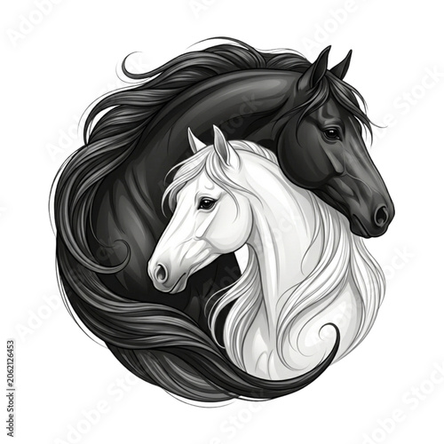 Canvas-taulu Yin Yang Style Black and White Horses Portrait Illustration