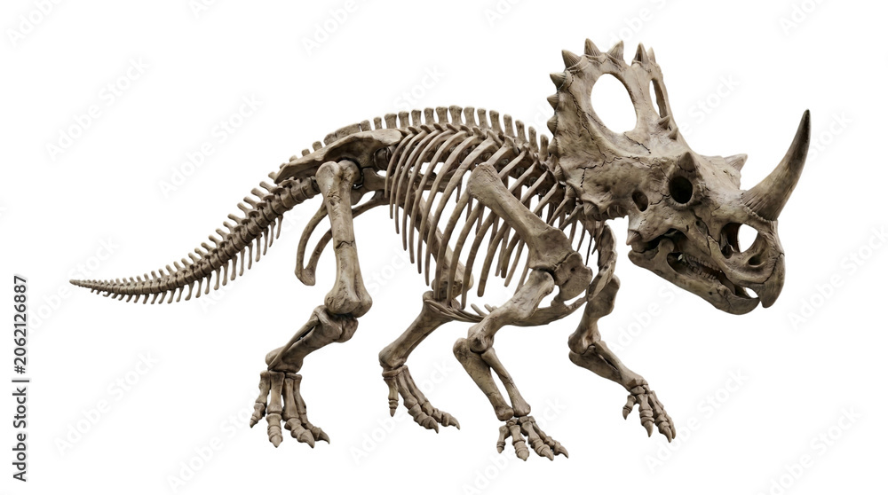 Fototapeta premium Complete fossilized skeleton of a Triceratops dinosaur on a white background.