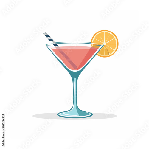 Pink cocktail glass with fruit slice on white