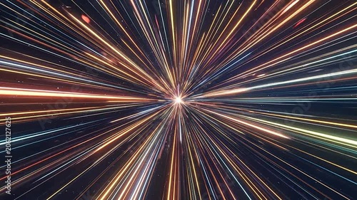 Abstract light trails burst from a central point in deep space