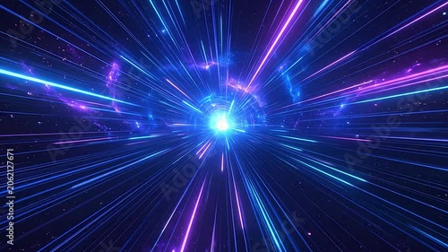 Abstract blue light trails zoom through a dark cosmic space tunnel