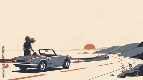 Minimalist flat illustration of a woman standing by a vintage car on the roadside, watching a beautiful ocean sunset