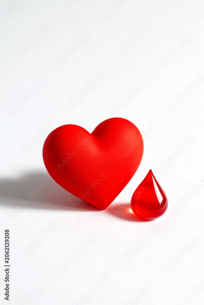 Fototapeta premium Red Heart with Blood Drop on White Background Blood Donation Awareness Concept