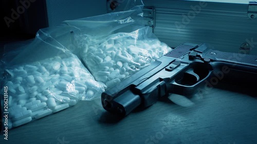 Drugs And Gun By Suitcase, Criminal Activity Scene
