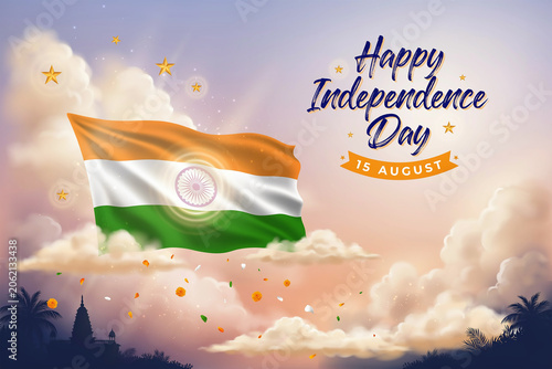 Indian Independence Day celebration background with national flag, Happy Independence Day 15 August typography, tricolor flag waving in cloudy sky