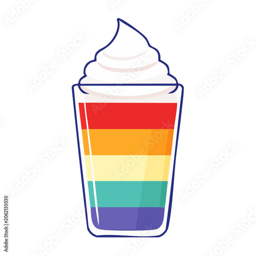 Rainbow layered drink with whipped cream in a glass