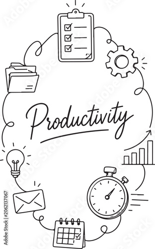 Productivity icons, workflow management symbols, business efficiency graphics, office organization illustrations