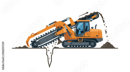Orange trencher machine digging a deep trench in the ground.