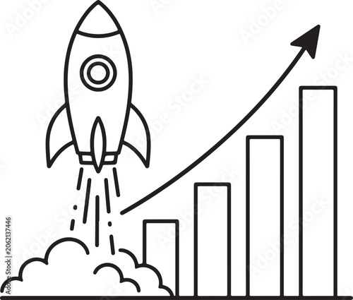 Rocket launch, growth chart, business success, finance graph, vector icon