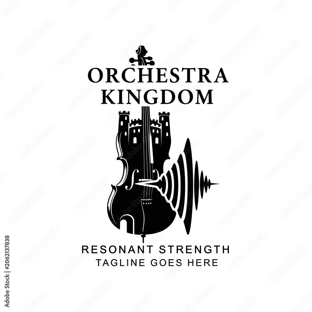 Obraz premium Conceptual music emblem merging a string instrument with castle architecture to signify melodic power.