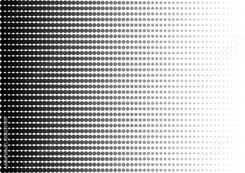 horizontal halftone gradient pattern shifting from dense black circles on the left to fading, smaller dots on a white background towards the right