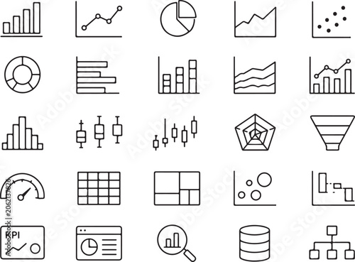 Infographic icons, business analytics symbols, data visualization graphics, 25 chart and graph elements
