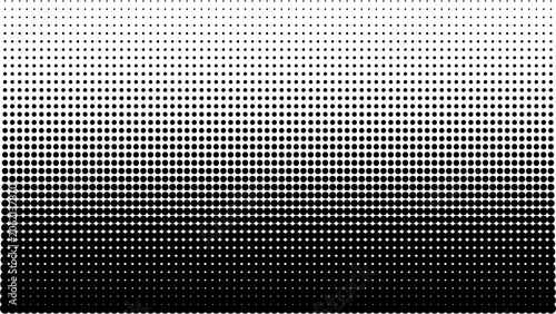 vertical halftone gradient composition featuring rows of solid black dots decreasing in size from the bottom edge towards a sparse white top area