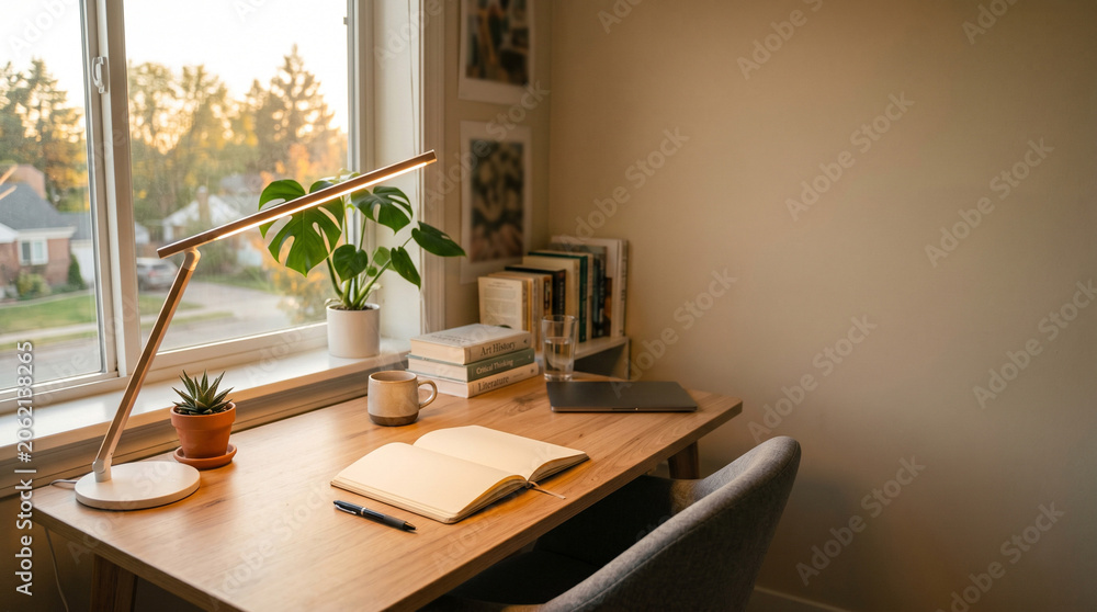 Fototapeta premium Desk with open notebook, lamp, and plants by the window