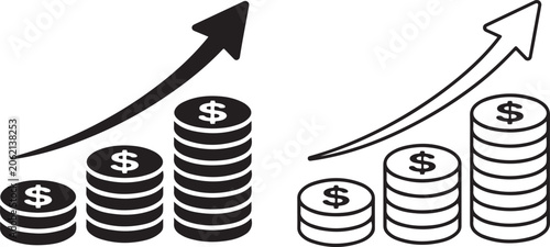 Financial growth, money stack, coin icons, investment increase, business finance