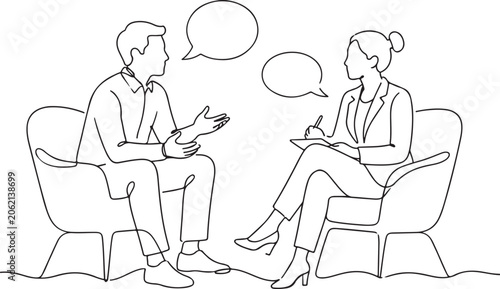 Continuous line drawing, business people talking, conversation between man and woman, therapy session, counseling illustration