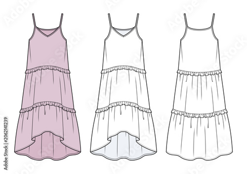 Tiered High-Low Maxi Dress Technical Fashion Illustration. Sleeveless V-Neck Dress with Ruffle Trim Vector Template. Front and Back View. Women’s Summer Apparel. CAD Mockup Set.