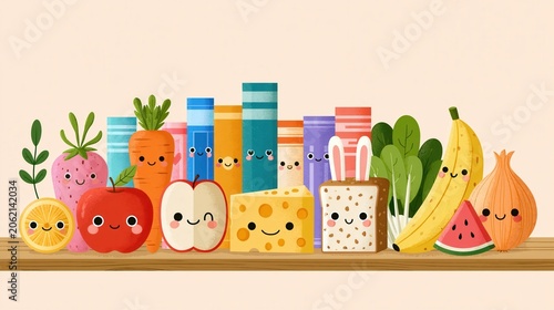 Kawaii food and vegetable characters lined up on a shelf: A charming arrangement of anthropomorphic fruits, vegetables.