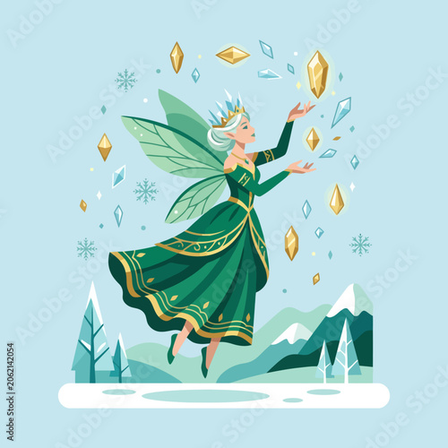 Konstfotografi A magical winter fairy floats above a snowy landscape