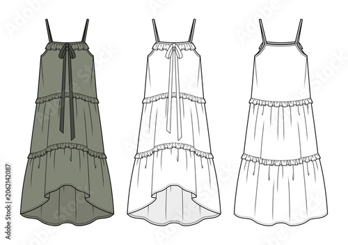 Ribbon Tie Tiered Maxi Dress Technical Fashion Illustration. Sleeveless Gathered Neck Dress with High-Low Hem Vector Template. Front and Back View. Women’s Summer Apparel. CAD Mockup Set.