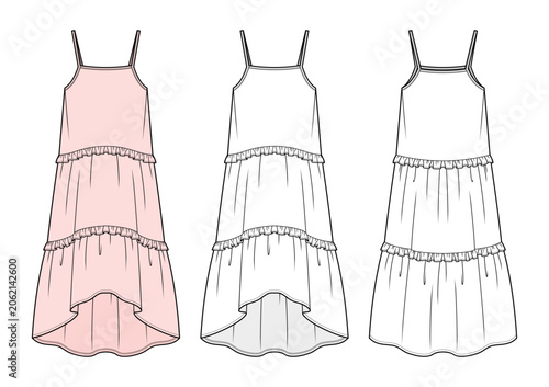 Tiered High-Low Maxi Dress Technical Fashion Illustration. Sleeveless Square-Neck Dress with Ruffle Trim Vector Template. Front and Back View. Women’s Summer Apparel. CAD Mockup Set.