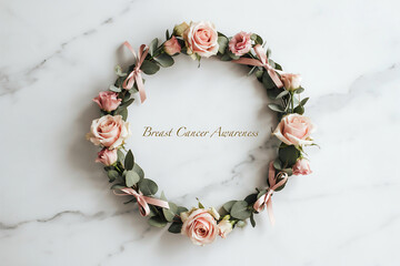 Round floral wreath with pink roses eucalyptus leaves ribbons and breast cancer text