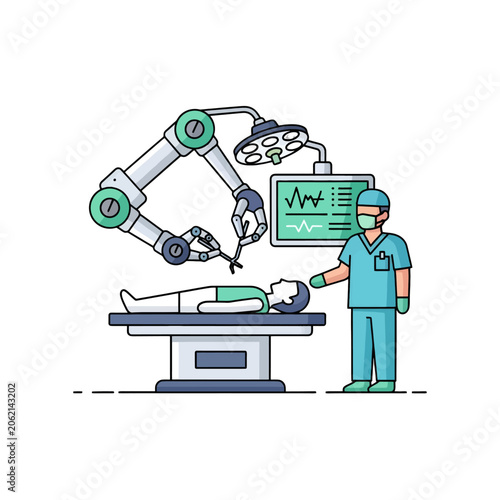 Foto A medical professional oversees a robotic surgical procedure in a modern hospita