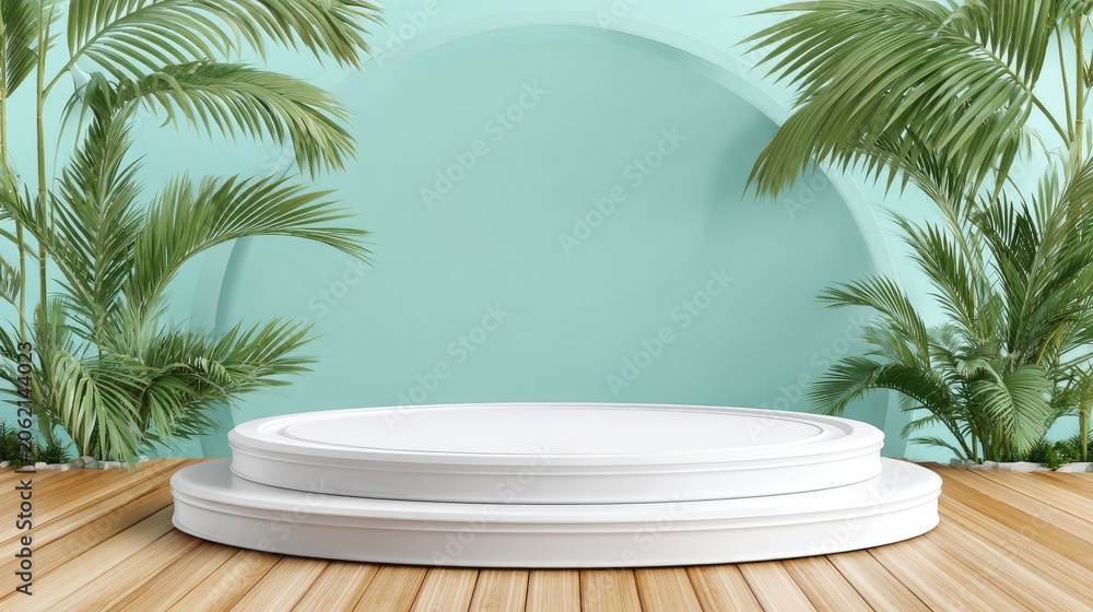 Obraz premium Minimalist white circular platform display is set against a soft aqua backdrop framed by lush tropical foliage