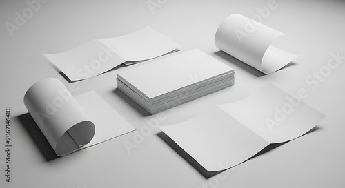 Blank White Paper Sheets with Rolled and Folded Edges in Gray Background.