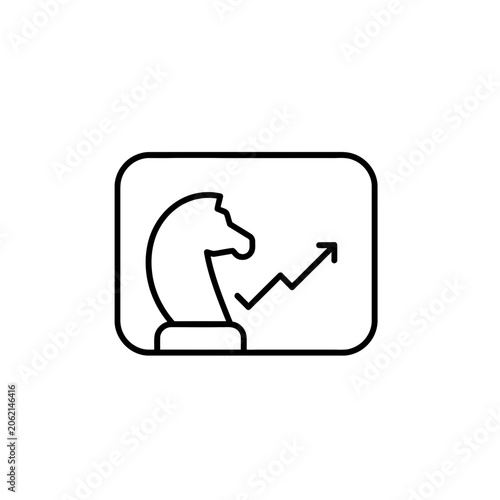 A black line drawing of a knight chess piece making a move indicated by an upward trending arrow graph.
