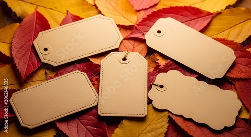 Collection of Blank Paper Tags on Autumn Leaves.