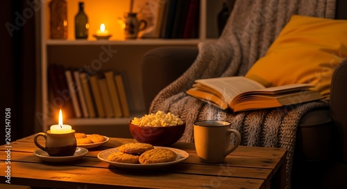 Cozy Reading Nook with Candles and Comfortable Throw Blanket.