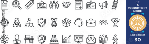 Human resources and recruitment niche line icon set with people management hiring symbols kit.