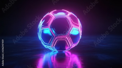 Futuristic Neon Football Floating in Dark Background with Vibrant Glowing Lights