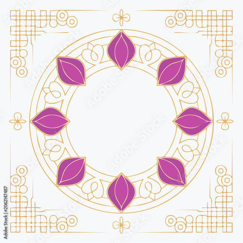 Ornate Circular Frame with Floral Motifs and Corner Embellishments