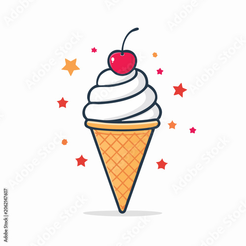 Soft Serve Ice Cream Cone with Cherry and Stars