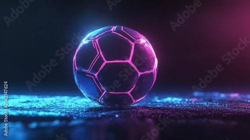 Futuristic Neon Football Floating in Dark Background with Blue and Pink Lights