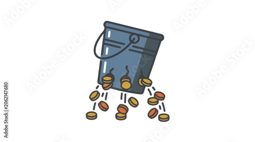 Vector illustration of a leaky bucket losing gold coins representing financial loss and waste. EPS Editable. SVG Vector Illustrations.