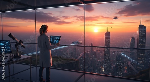 Modern Businesswoman Using Digital Tablet in Skyscraper Office at Sunset.