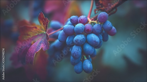 Cluster of ripe, dark blue fruit hangs on a vine alongside a richly colored autumn leaf.