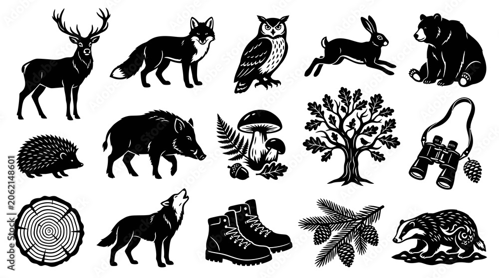 Obraz premium Black White Forest Animals and Nature Icons Vector