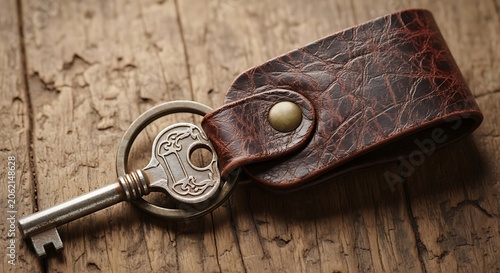 Vintage Leather Keychain with Rustic Background and Brass Key.