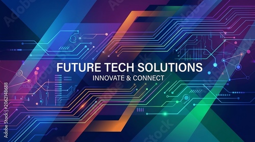 Digital circuit design showcases futuristic technology solutions branding.