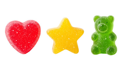 Red Heart Yellow Star Green Bear Gummy Candies Isolated Transparent Background
