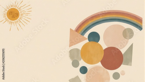 Boho Abstract Art with Sun and Rainbow Illustration.