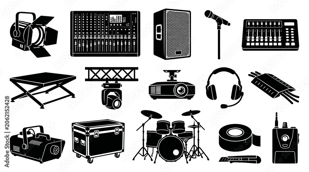 Naklejka premium Black White Glyph Icons of Audio and Lighting Equipment for Live Events