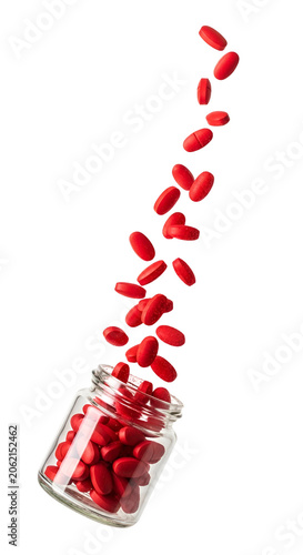 Red Medicine Pills Pouring Out Of Glass Jar Realistic Isolated Photo